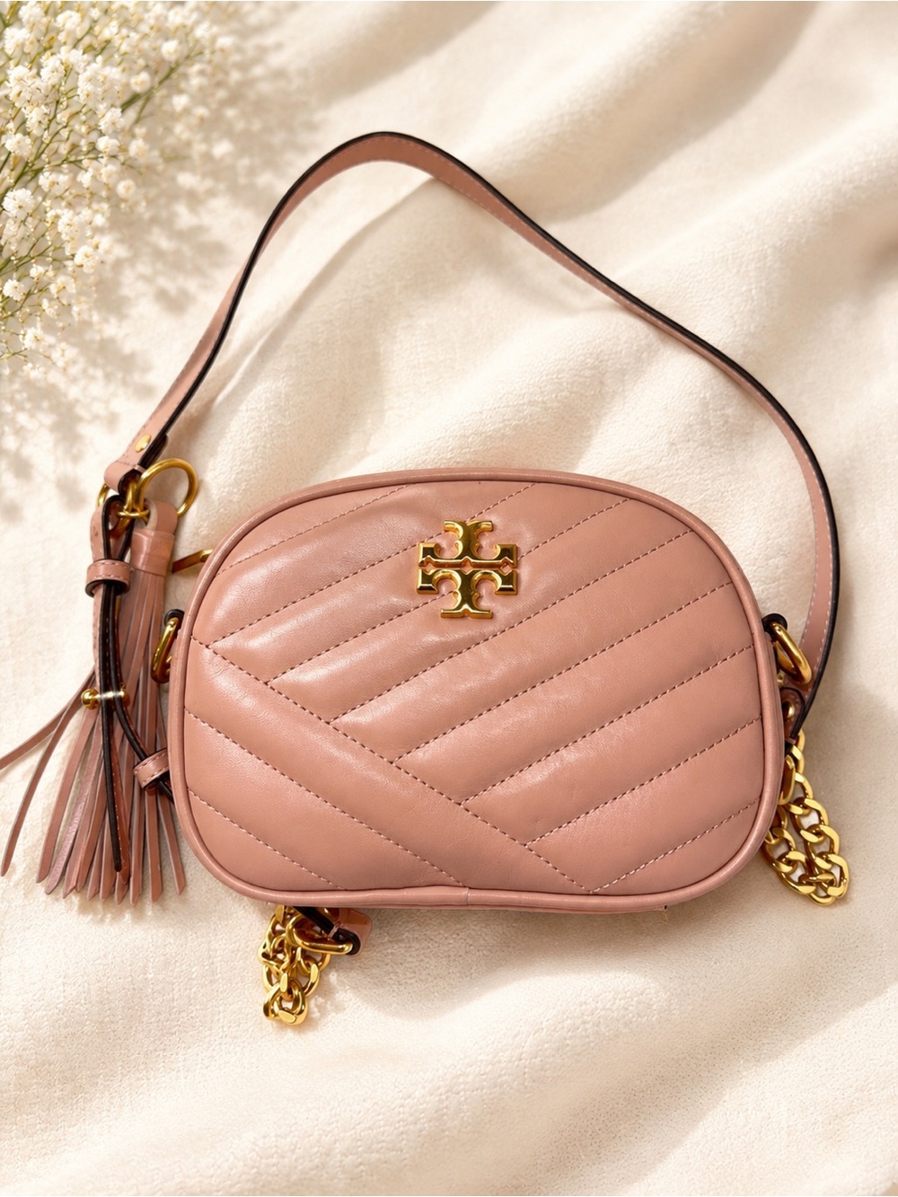 Tory Burch Blush Quilted Leather Crossbody with Gold Logo